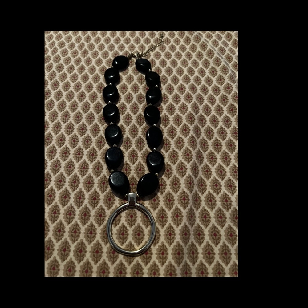 Silver Circle and Black Bead Necklace